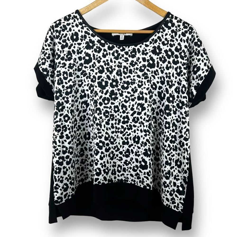 Sympli Women's Size 10 Satin Dolman Top Animal Floral Black and White Bold
